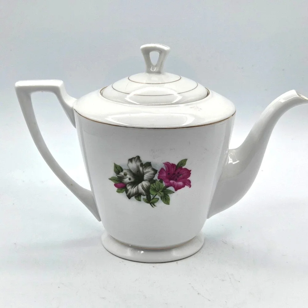 VINTAGE Porcelain Teapot Hibiscus Flowers Delicate Gold Trim